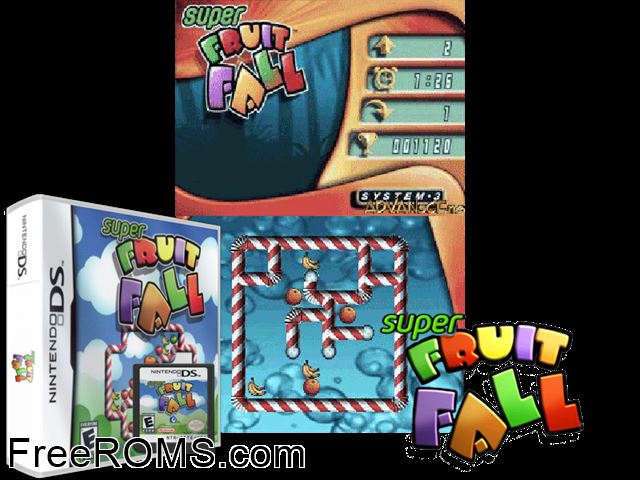 Super Fruit Fall Europe NDS game showing 3D box cover and gameplay screenshot