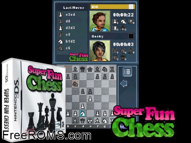 Super Fun Chess Europe NDS game showing 3D box cover and gameplay screenshot