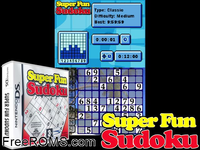 Super Fun Sudoku Europe NDS game showing 3D box cover and gameplay screenshot