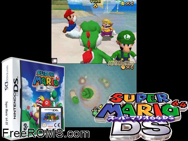 Super Mario 64 DS NDS game showing 3D box cover and gameplay screenshot