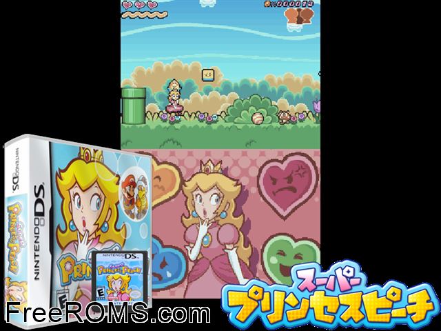 Super Princess Peach NDS game showing 3D box cover and gameplay screenshot