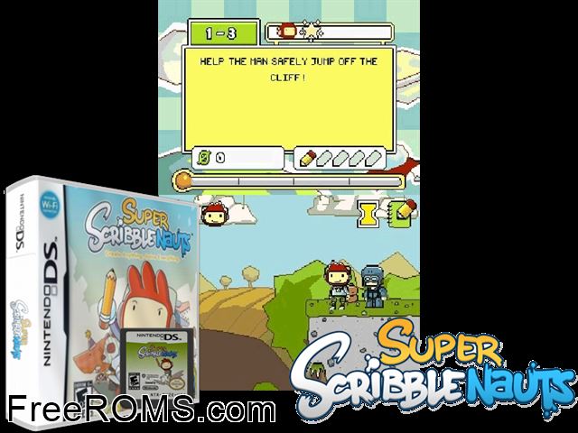 Super Scribblenauts NDS game showing 3D box cover and gameplay screenshot