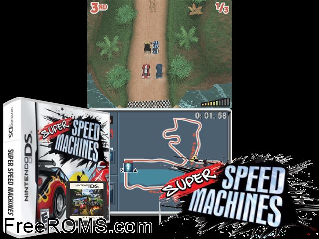 Super Speed Machines NDS game showing 3D box cover and gameplay screenshot