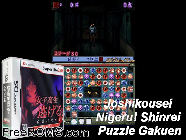 SuperLite2500 - Joshikousei Nigeru! Shinrei Puzzle Gakuen Japan NDS game showing 3D box cover and gameplay screenshot