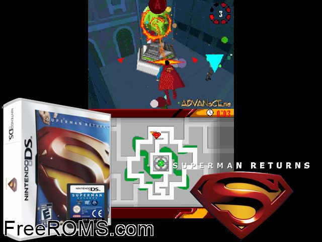 Superman Returns NDS game showing 3D box cover and gameplay screenshot