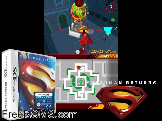 Superman Returns Europe NDS game showing 3D box cover and gameplay screenshot