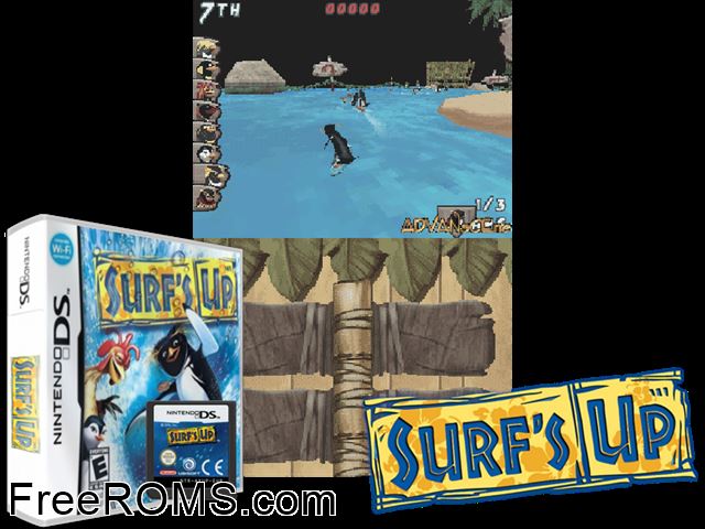 Surfs Up NDS game showing 3D box cover and gameplay screenshot