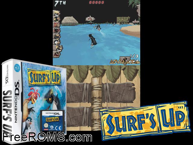 Surfs Up Europe NDS game showing 3D box cover and gameplay screenshot