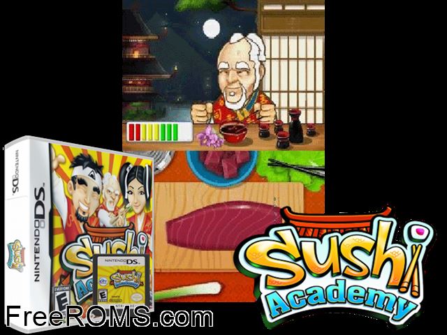 Sushi Academy Europe NDS game showing 3D box cover and gameplay screenshot