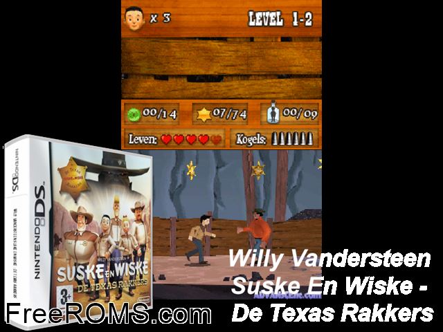 Suske en Wiske - De Texas Rakkers Europe NDS game showing 3D box cover and gameplay screenshot