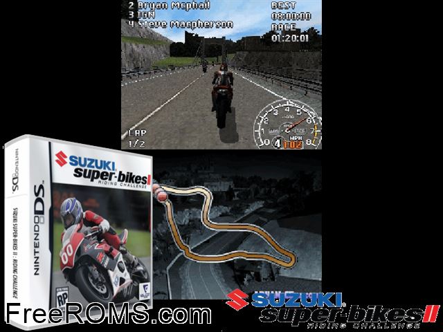 Suzuki Super-Bikes II - Riding Challenge NDS game showing 3D box cover and gameplay screenshot