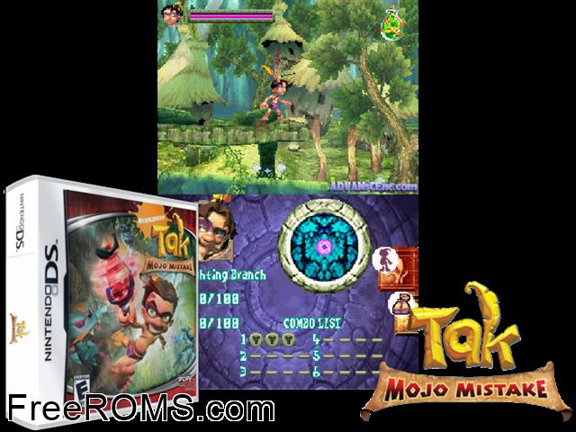 Tak - Mojo Mistake NDS game showing 3D box cover and gameplay screenshot