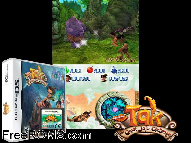 Tak - The Great Juju Challenge NDS game showing 3D box cover and gameplay screenshot