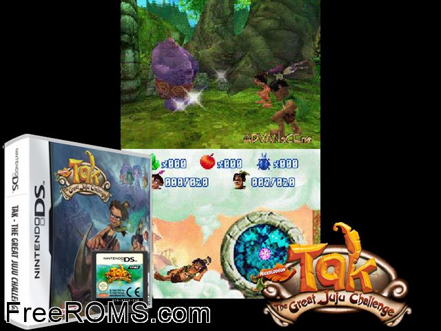 Tak - The Great Juju Challenge Europe NDS game showing 3D box cover and gameplay screenshot