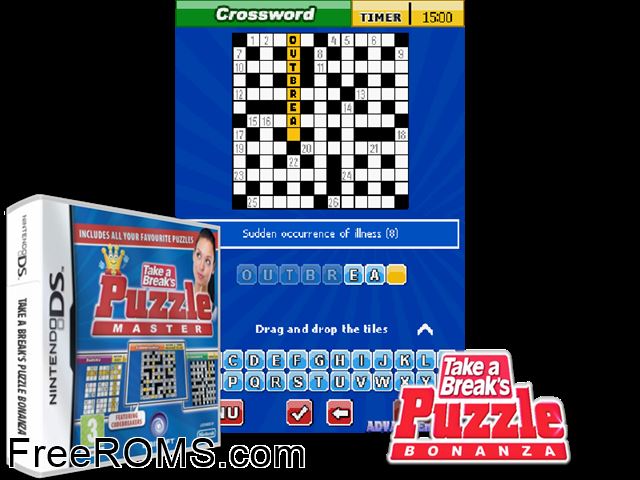 Take a Breaks Puzzle Bonanza Europe NDS game showing 3D box cover and gameplay screenshot