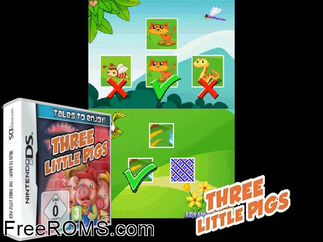 Tales to Enjoy - Three Little Pigs Europe NDS game showing 3D box cover and gameplay screenshot