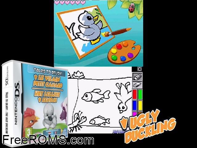 Tales to Enjoy - Ugly Duckling Europe NDS game showing 3D box cover and gameplay screenshot