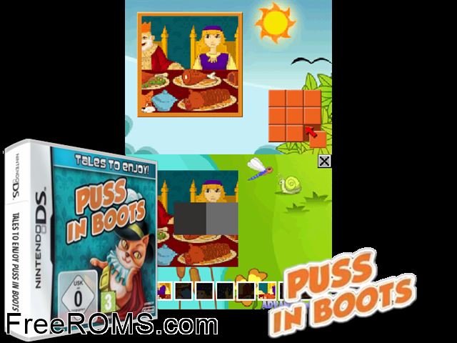 Tales to Enjoy Puss in Boots Europe NDS game showing 3D box cover and gameplay screenshot