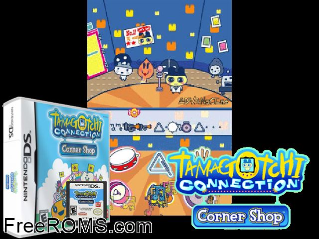 Tamagotchi Connection - Corner Shop NDS game showing 3D box cover and gameplay screenshot