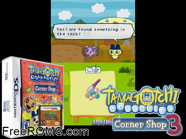Tamagotchi Connection - Corner Shop 3 NDS game showing 3D box cover and gameplay screenshot