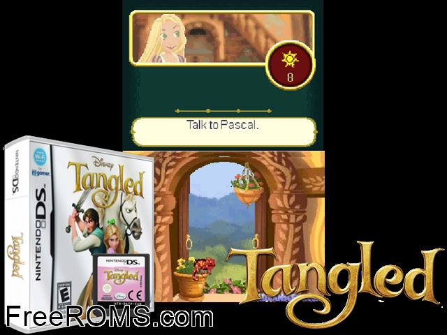Tangled NDS game showing 3D box cover and gameplay screenshot