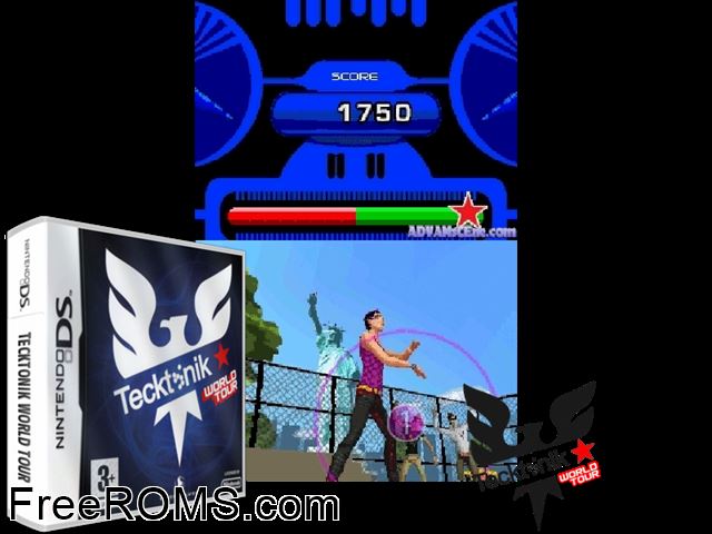 Tecktonik - World Tour Europe NDS game showing 3D box cover and gameplay screenshot