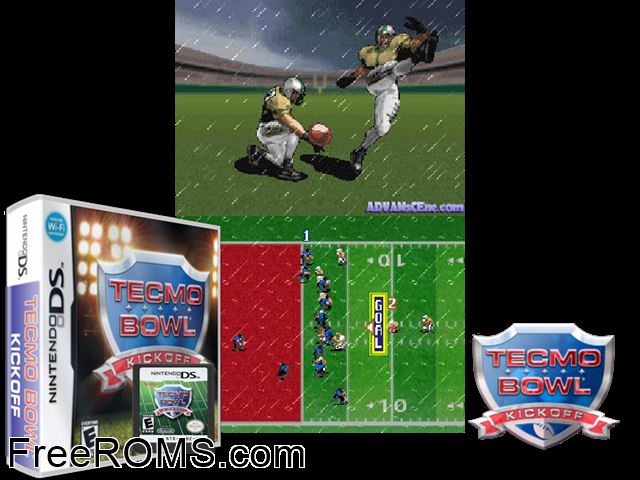 Tecmo Bowl - Kickoff NDS game showing 3D box cover and gameplay screenshot