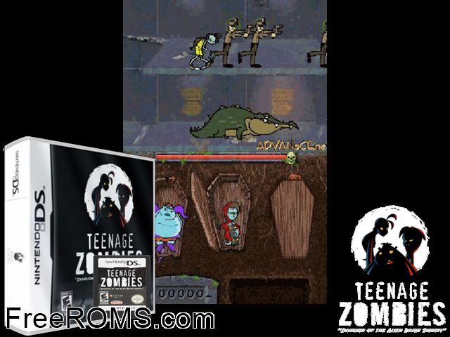 Teenage Zombies - Invasion of the Alien Brain Thingys! Europe NDS game showing 3D box cover and gameplay screenshot