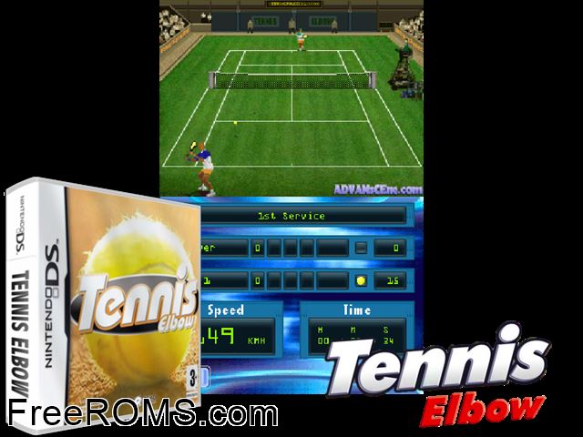 Tennis Elbow Europe NDS game showing 3D box cover and gameplay screenshot