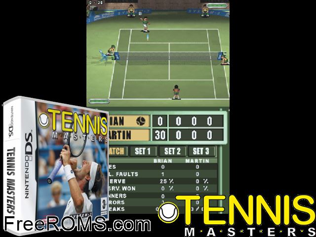 Tennis Masters Europe NDS game showing 3D box cover and gameplay screenshot