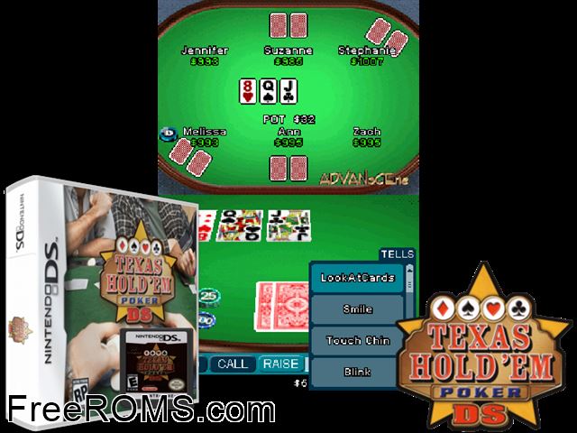 Texas Hold Em Poker DS NDS game showing 3D box cover and gameplay screenshot