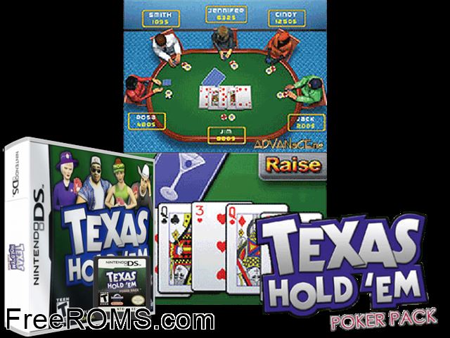 Texas Hold Em Poker Pack NDS game showing 3D box cover and gameplay screenshot