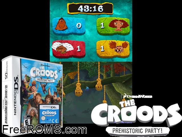 The Croods Prehistoric Party NDS game showing 3D box cover and gameplay screenshot