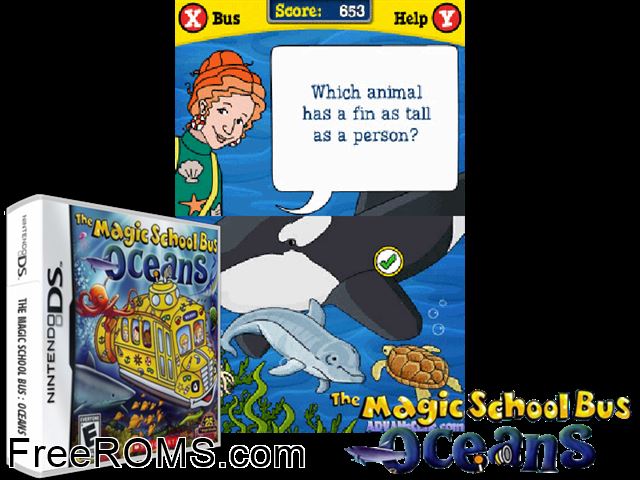 The Magic School Bus Oceans NDS game showing 3D box cover and gameplay screenshot