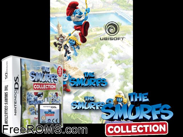 The Smurfs Collection Europe NDS game showing 3D box cover and gameplay screenshot