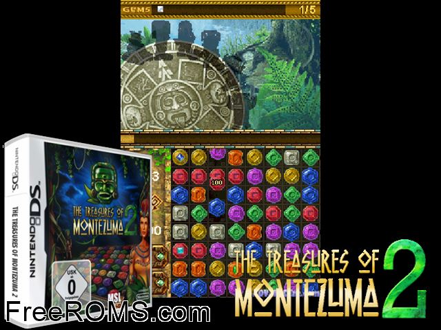 The Treasures of Montezuma 2 Europe NDS game showing 3D box cover and gameplay screenshot