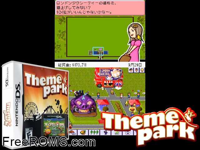 Theme Park NDS game showing 3D box cover and gameplay screenshot