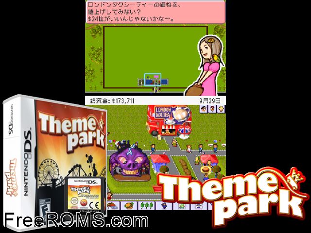 Theme Park Europe NDS game showing 3D box cover and gameplay screenshot