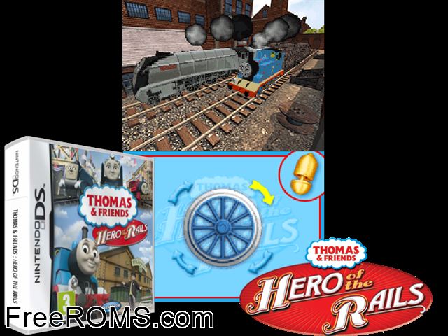 Thomas and Friends - Hero of the Rails Europe NDS game showing 3D box cover and gameplay screenshot