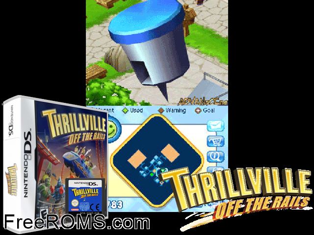 Thrillville - Off the Rails NDS game showing 3D box cover and gameplay screenshot
