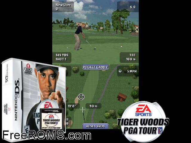 Tiger Woods PGA Tour NDS game showing 3D box cover and gameplay screenshot