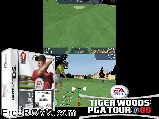 Tiger Woods PGA Tour 08 Europe NDS game showing 3D box cover and gameplay screenshot