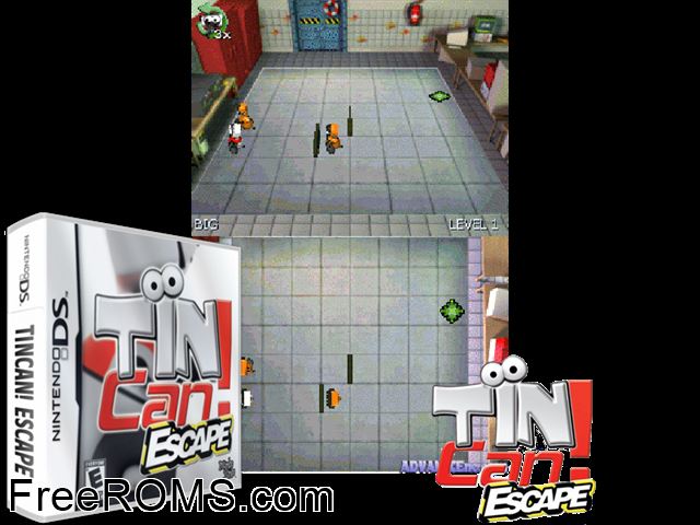 TinCan Escape NDS game showing 3D box cover and gameplay screenshot
