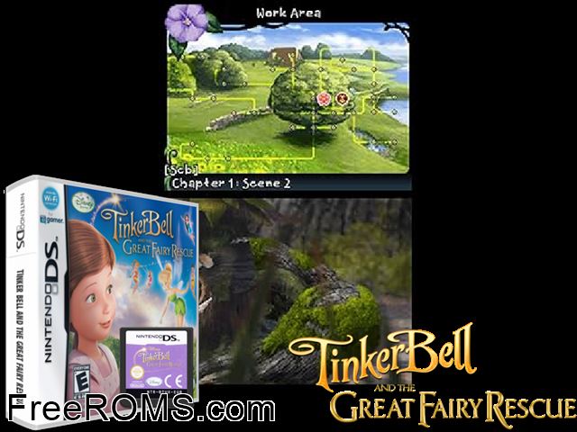 Tinker Bell and the Great Fairy Rescue Europe NDS game showing 3D box cover and gameplay screenshot