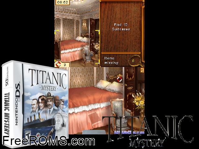 Titanic Mystery NDS game showing 3D box cover and gameplay screenshot