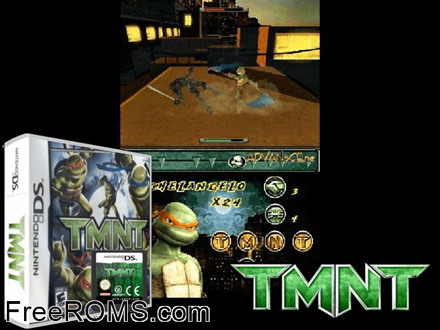 TMNT NDS game showing 3D box cover and gameplay screenshot