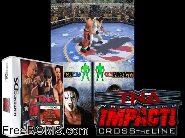 TNA Impact - Cross the Line NDS game showing 3D box cover and gameplay screenshot