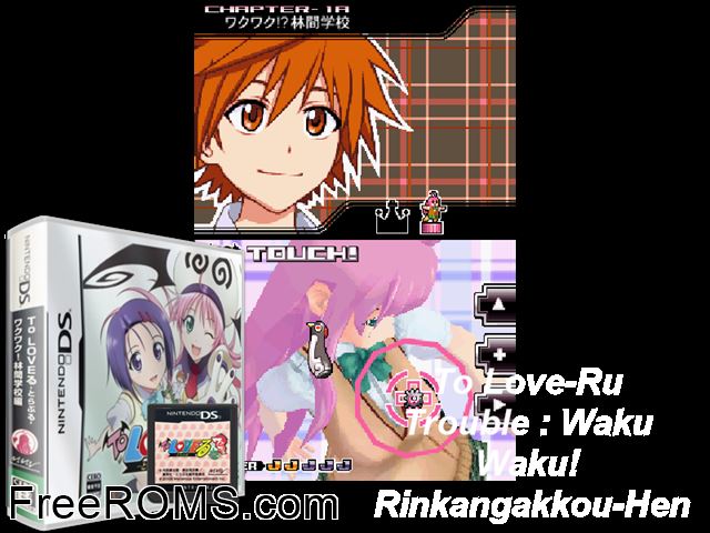 To Love Ru - Trouble - Waku Waku! Rinkan Gakkou Hen Japan NDS game showing 3D box cover and gameplay screenshot