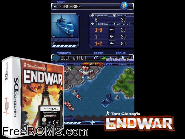 Tom Clancys EndWar NDS game showing 3D box cover and gameplay screenshot
