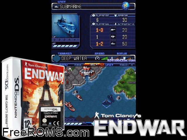 Tom Clancys EndWar Europe NDS game showing 3D box cover and gameplay screenshot